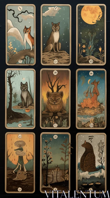 Mysterious Tarot Cards with Animals in Atmospheric Nature Scenes AI Image