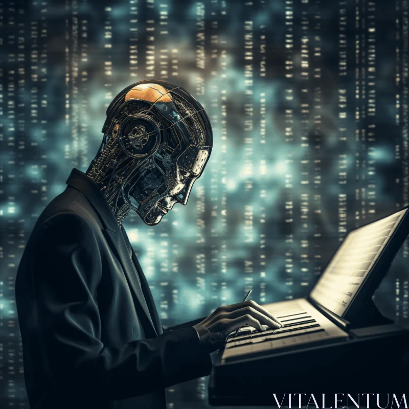 Robotic Man Playing Piano Keyboard in Vintage Sci-Fi Style AI Image