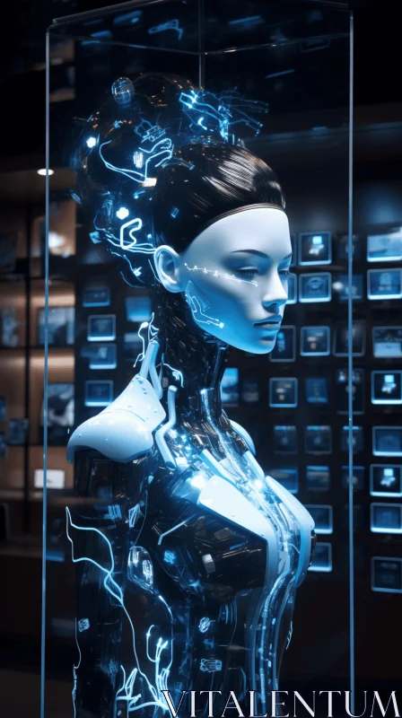 Captivating Female Robot in Glass Case Display | Realism with Fantasy Elements AI Image