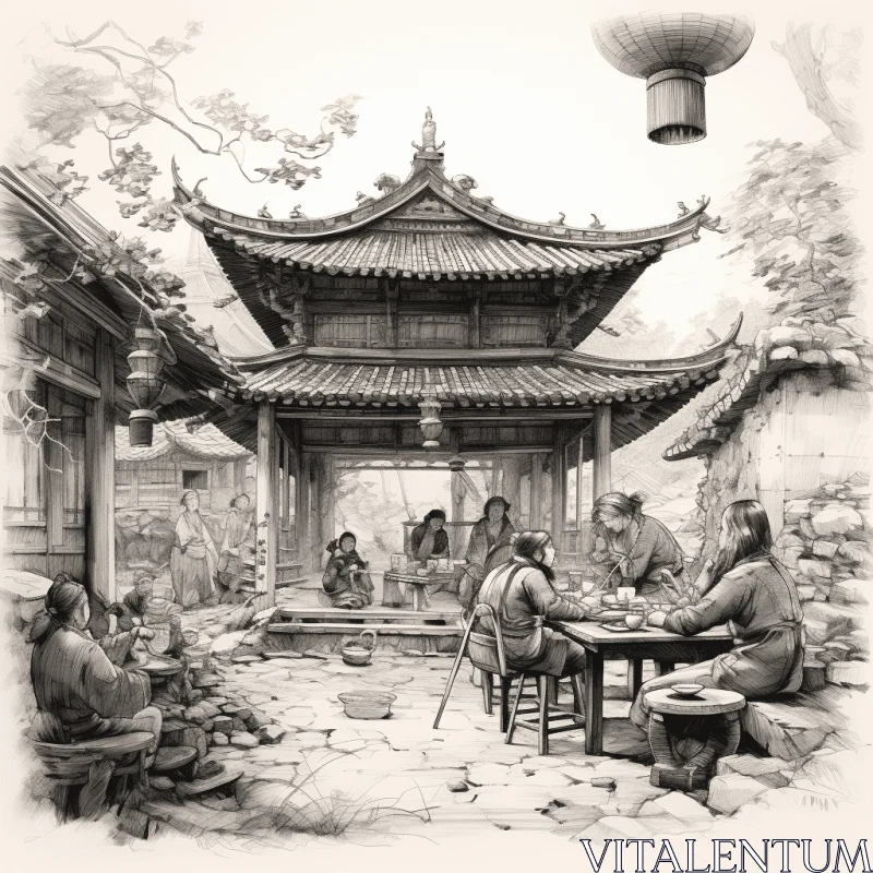 Enchanting Black and White Drawing of a Chinese Village - Captivating Realistic Fantasy Artwork AI Image