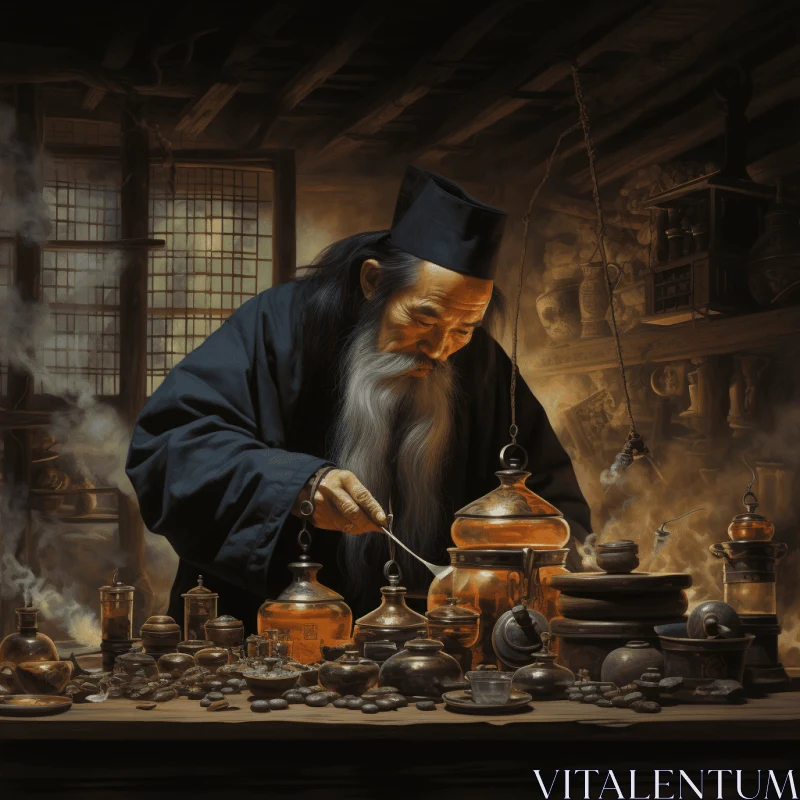 Captivating Portrait of an Elderly Alchemist Crafting Potions in His Enigmatic Workshop AI Image