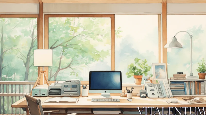 Captivating Cartoon Home Office Wallpaper | Luminous Watercolors AI Image