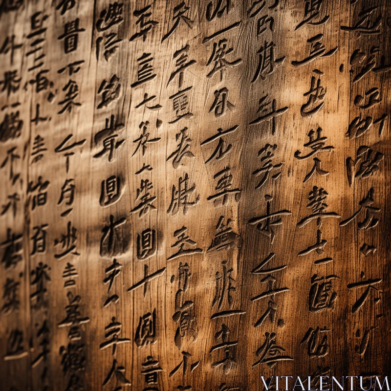 Intricate Chinese Calligraphy on Wooden Wall | Texture Exploration AI Image