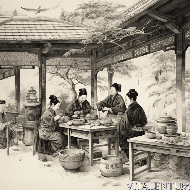Captivating Chinese Pavilion Illustration: Traditional Genre Scenes AI Image
