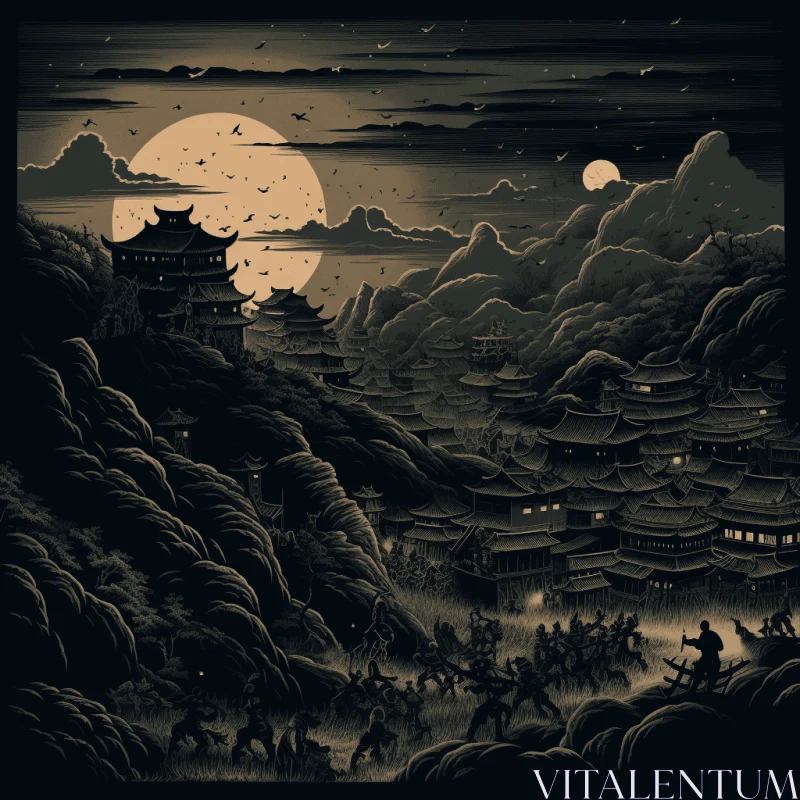 Mysterious Asian Mountain Village with Moonlit Sky - Detailed Hunting Scenes AI Image