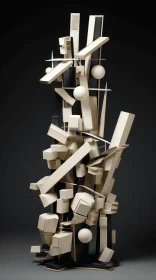 Abstract Wooden Sculpture: Graceful Balance in Light Beige and Black
