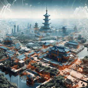 Stunning 3D Asian City with Temple - Multilayered Composition