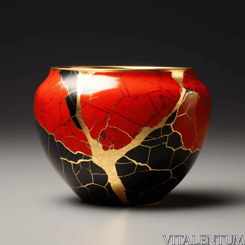 Intriguing Black and Red Kintsugi Ceramic Vase | 8k Digital Art AI Image