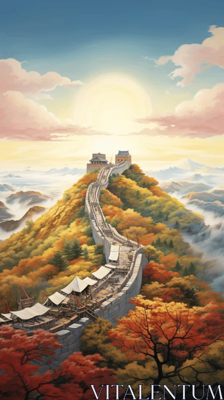 Majestic Painting of the Great Wall with Autumn Trees and Mountains AI Image