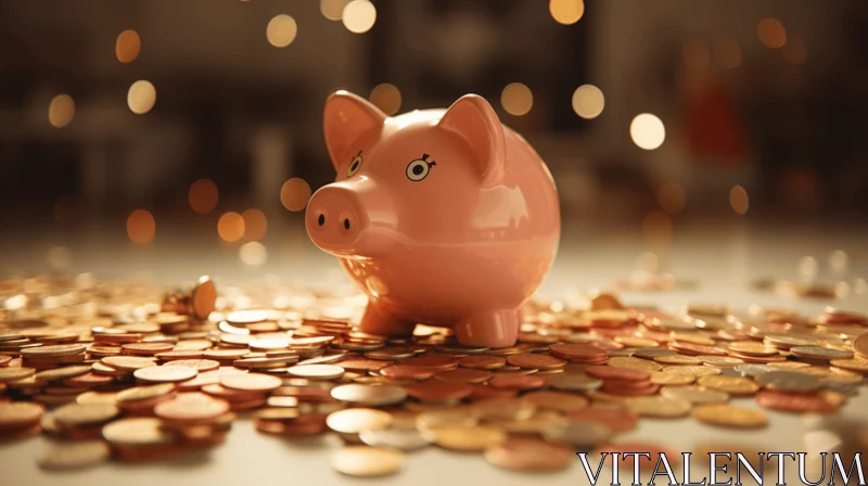 Pink Piggy Bank Beside Coins in Bokehlight - Finance Image AI Image
