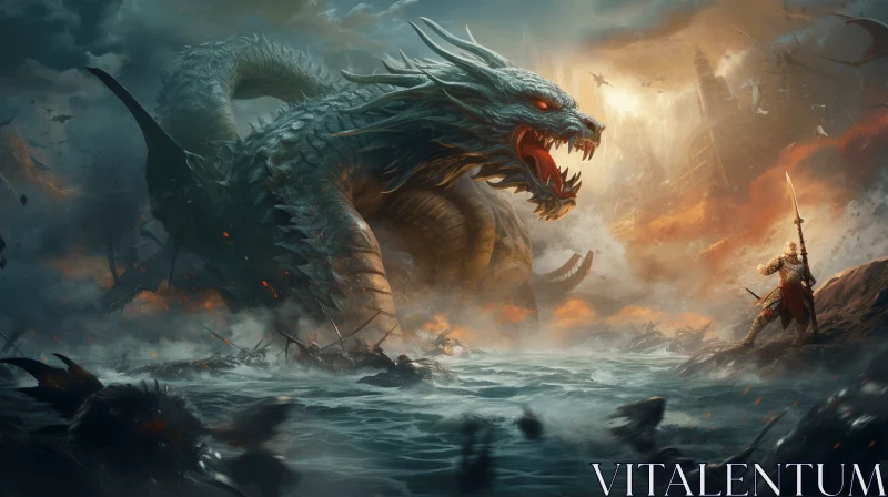 Intense Dragon Battle Over the Ocean - Realism with Fantasy Elements AI Image