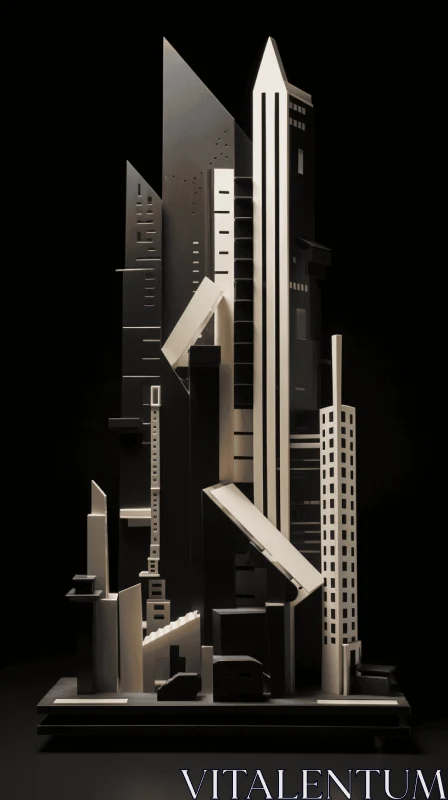 Surrealist Urban Design: Dark Black and Silver Construction Paper Models AI Image