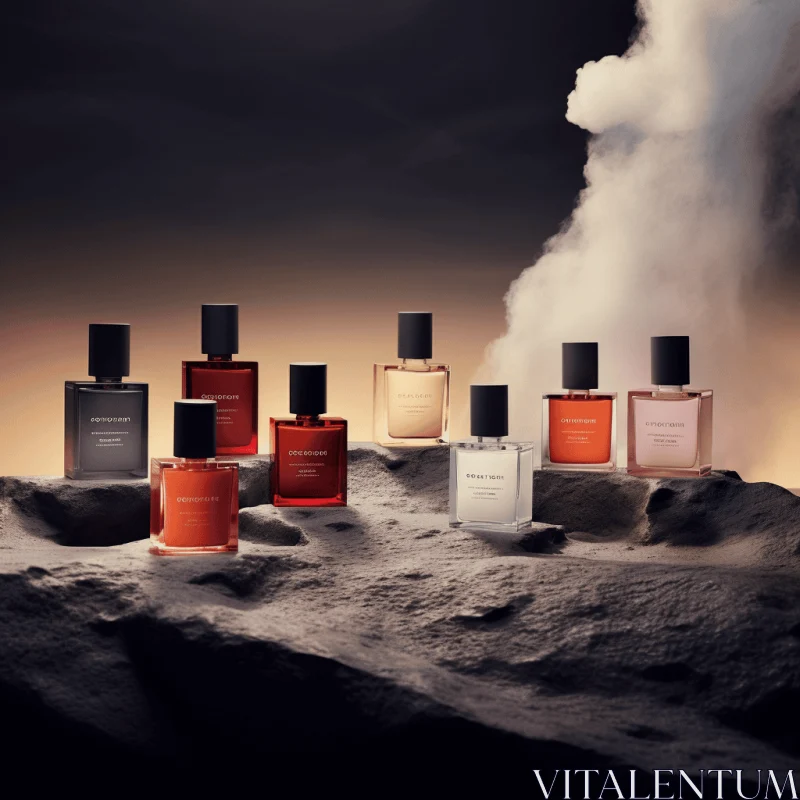 AI ART Captivating Perfume Bottles on Moon: Dark Orange & Gray Composition