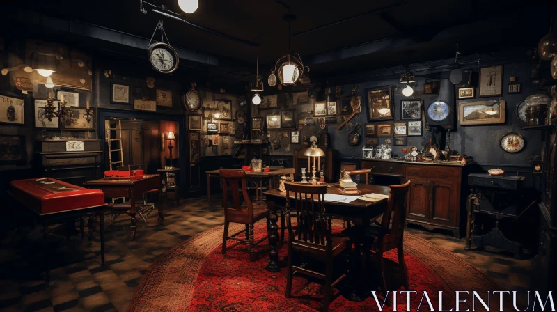 Enigmatic Interior: Dark Room with Antiques and Interactive Exhibits AI Image
