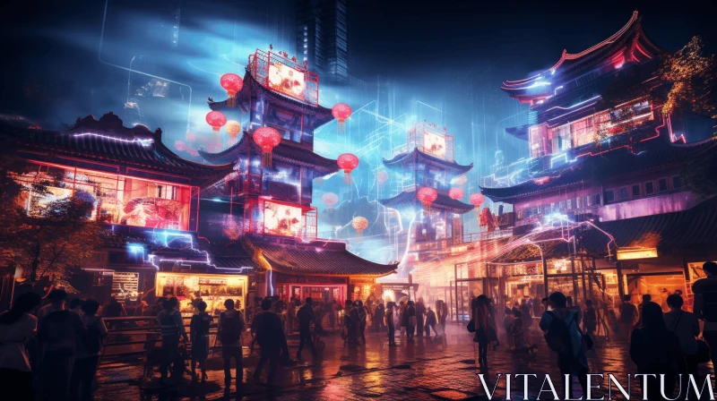 Night Market in Chinese Temple - Abstract Concept Art Illustration AI Image