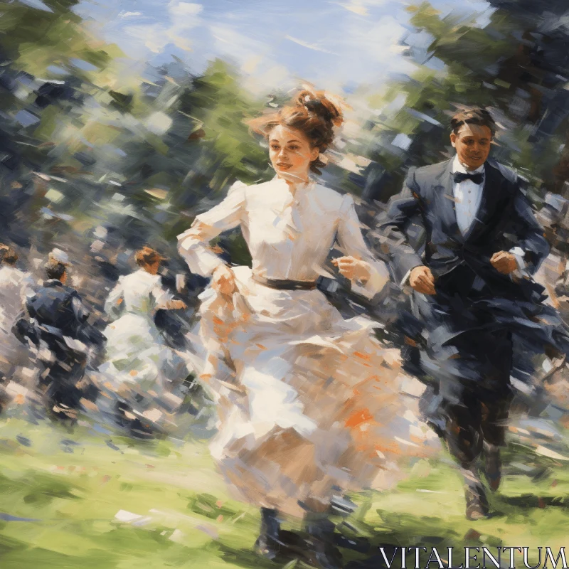 Captivating Painting of a Running Couple in Neo-Impressionist Style AI Image