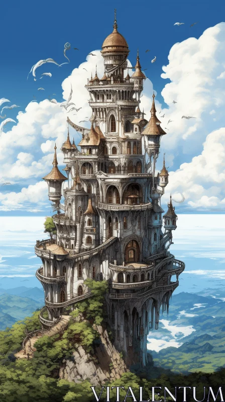 Intricate Fantasy Castle Illustration with Whimsical Anime Style AI Image