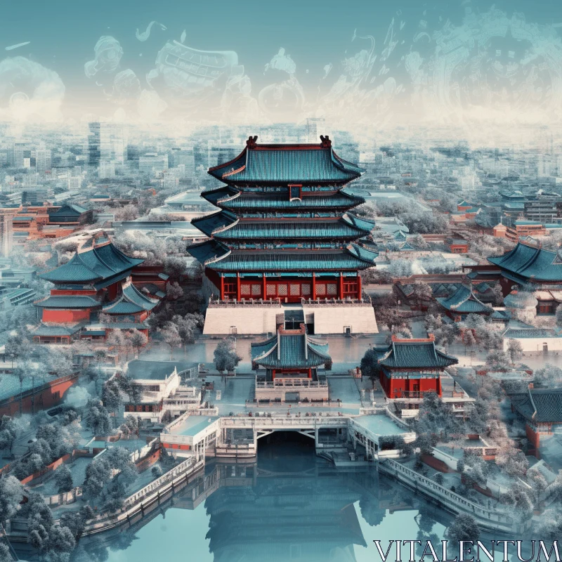 AI ART Ancient Chinese Palace Surrounded by Serene Waters - Editorial Illustration