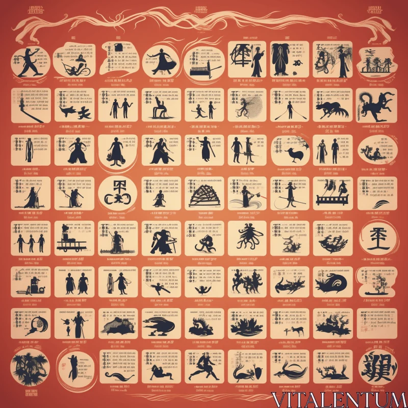 Chinese Zodiac Silhouettes: Unique Yokai Illustrations in Vintage Style AI Image