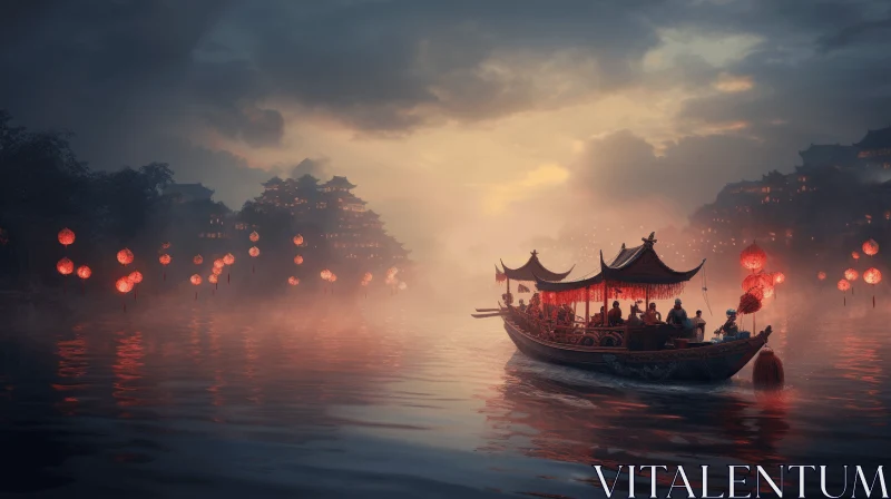 Enchanting Chinese Boat in Misty River with Lanterns - Hyper-Detailed Art AI Image