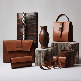Brown Leather Collection: Bags & Accessories with Natural Wood Grain Patterns