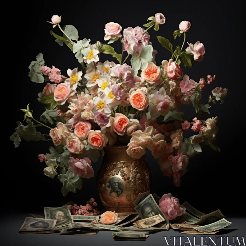Captivating Still Life: Vase of Money and Pink Flowers AI Image