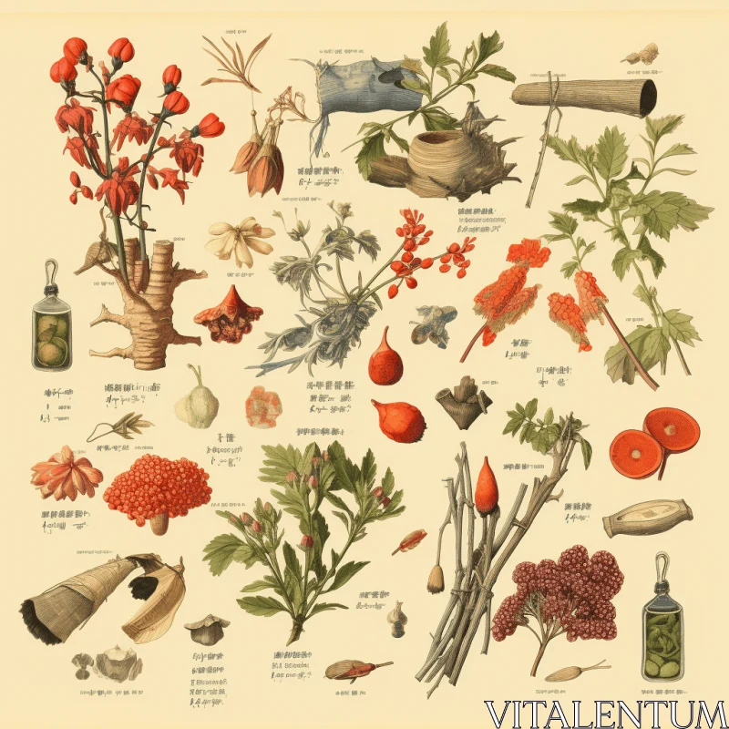 Vintage Japanese Herbs, Fruits, and Plants Illustration AI Image