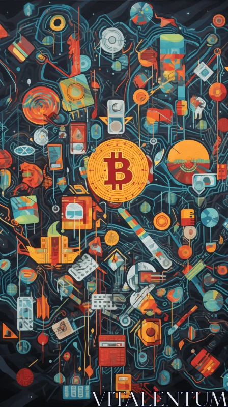 Bitcoin and Blockchain Technology Art Poster in Contemporary Folk Art Style AI Image