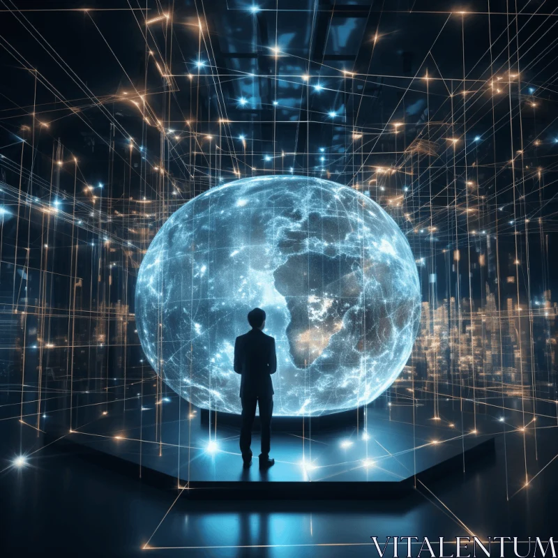 Futuristic Art: Businessman with Artificial Earth on Digital Network AI Image