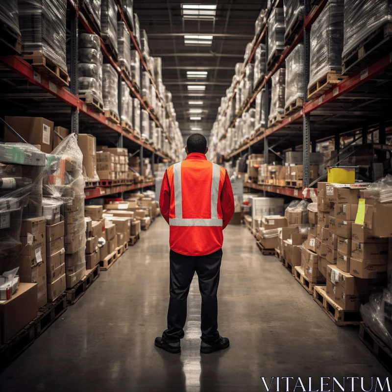 Warehouse Worker on Open Shelves in Dramatic Warehouse AI Image