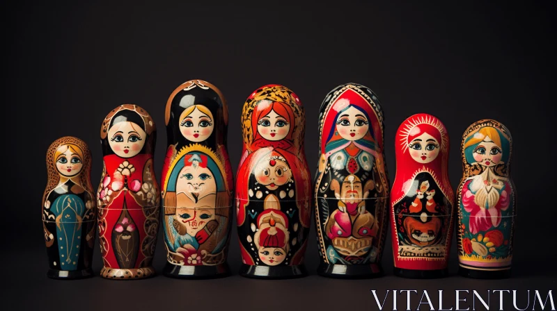 Captivating Russian Wood Dolls on Black Surface | Bold Chromaticity AI Image