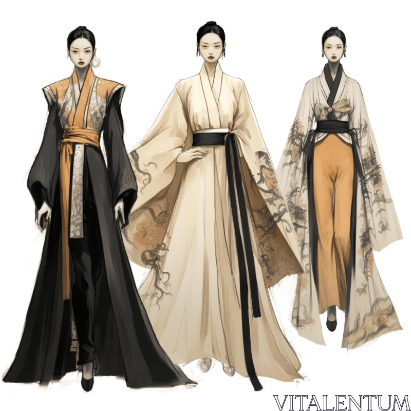 Elegant Kung Fu Fashion Sketches: A Mix of Masculine and Feminine Elements AI Image