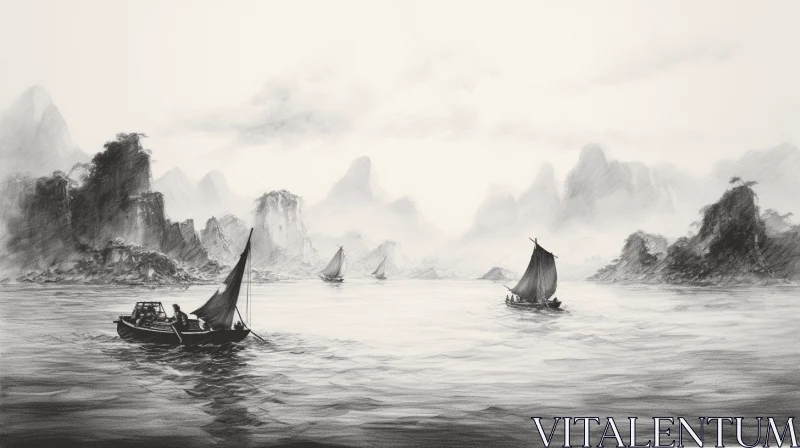 Majestic Boats: A Captivating Black and White Ink Painting AI Image