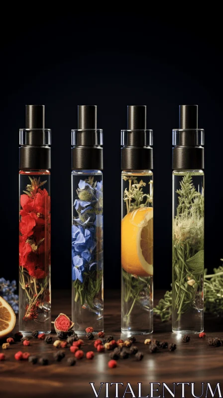 Exquisite Perfume Collection: Glass Bottles in Dark Indigo and Orange AI Image