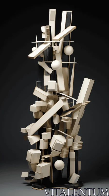 Abstract Wooden Sculpture: Graceful Balance in Light Beige and Black AI Image