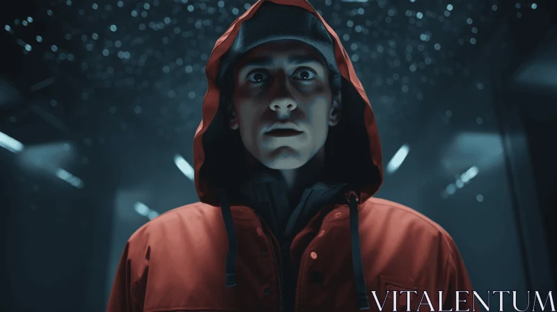 Captivating Hooded Man with Wide Open Eyes in Futuristic Sci-Fi Rendering AI Image