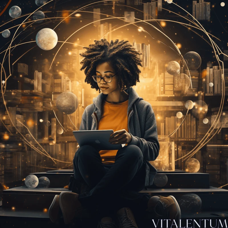 Captivating Image of a Young African Woman with a Tablet and Planetary Surroundings AI Image