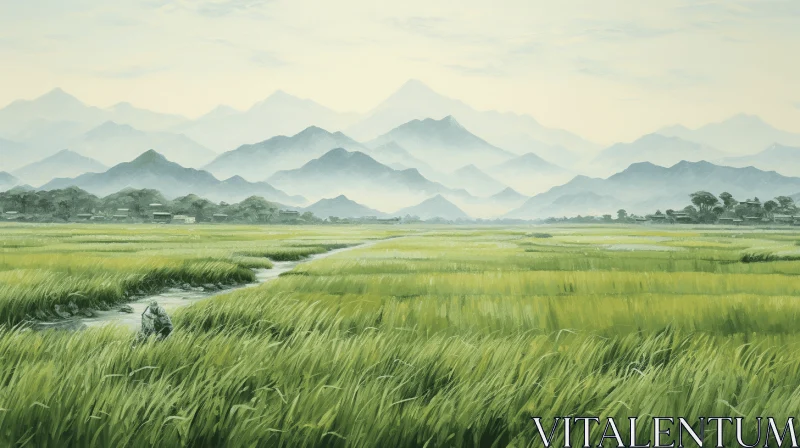 Captivating Grass Field and Majestic Mountains: A Realistic and Mystical Journey AI Image