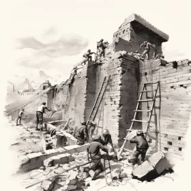 Men Building a Grand Fort: Monochrome Toning Digital Illustration