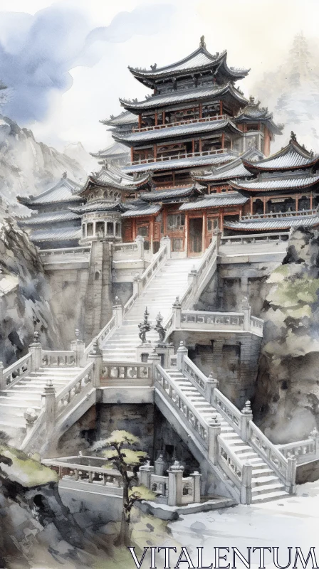 Captivating Watercolor Painting of a Chinese Temple in the Mountains AI Image