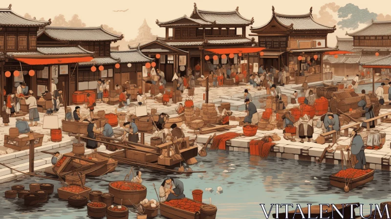 AI ART Ancient Chinese Market Illustration with Calm Waters and Detailed Crowd Scenes