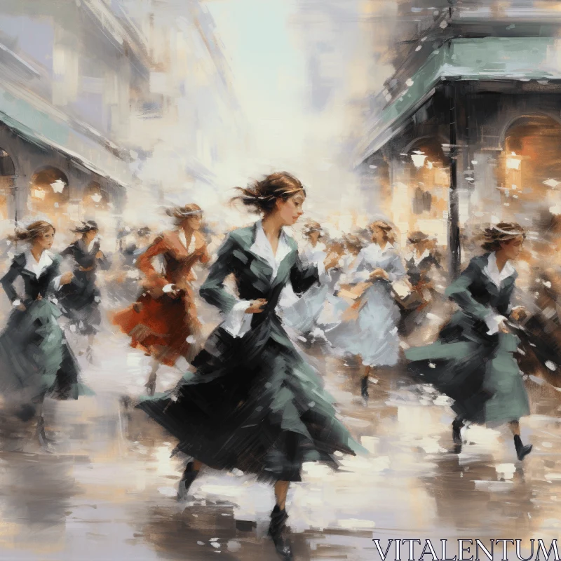 Captivating Painting of Women Running in the Street | Digital Illustration AI Image