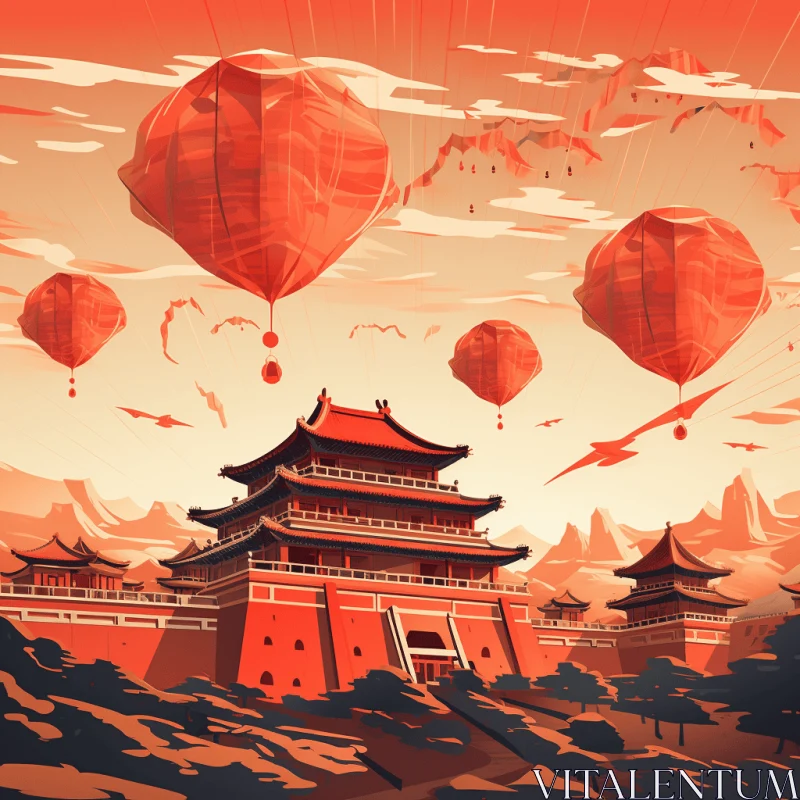 Chinese Building with Red Balloons - A Captivating Illustration of the Shang Dynasty AI Image