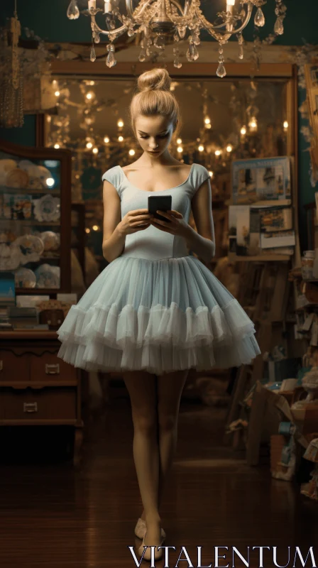 Enchanting Ballerina Walking Backward with Cellphone in Mirror | Whimsical Fairy Tale AI Image
