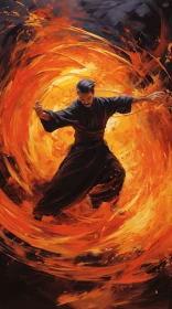 Graceful Tai Chi Dance with Fiery Background - Realistic Portrait Painting