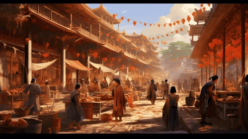 Captivating Asian Street Scene with Lanterns and Baskets