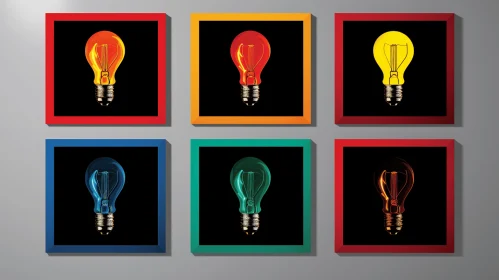 Colorful Light Bulb Posters in Frames: Bold Contrast and Vibrant Still Life