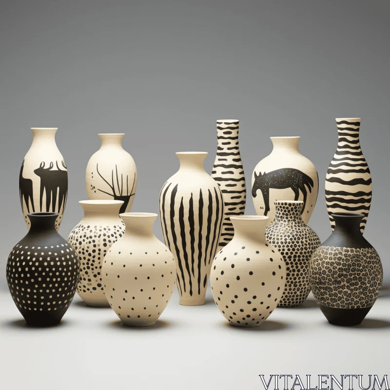 Captivating White and Black Vases: A Maya-inspired Wildlife Composition AI Image
