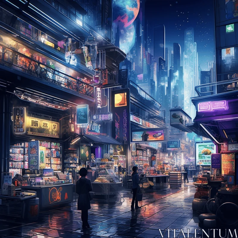 Enchanting Night Cityscape with Vibrant Street Life AI Image