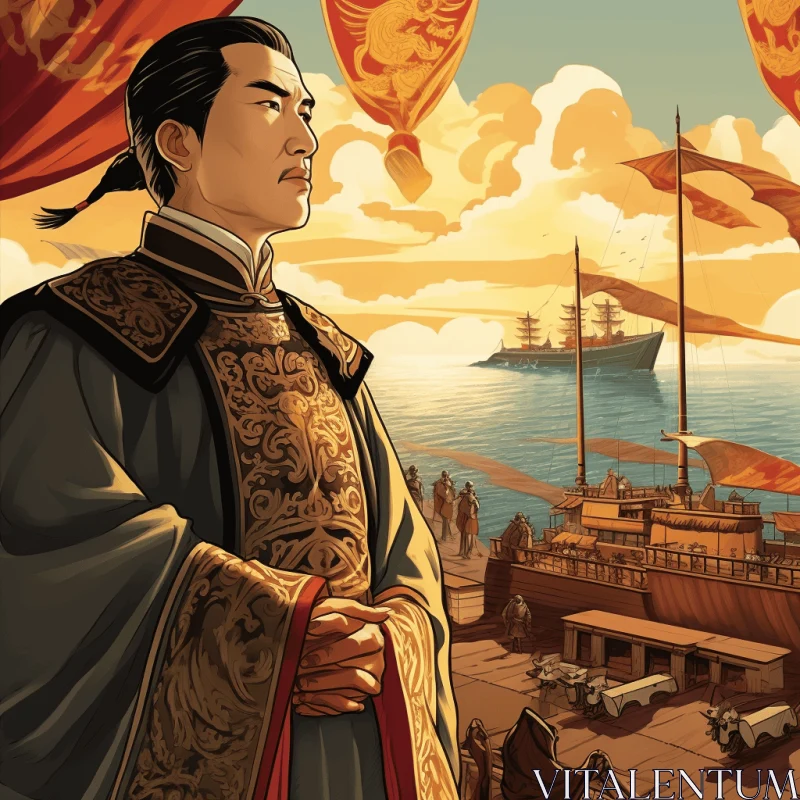 Oriental Outfit and Boats: Detailed Comic Book Art with a Touch of Confucian Ideology AI Image